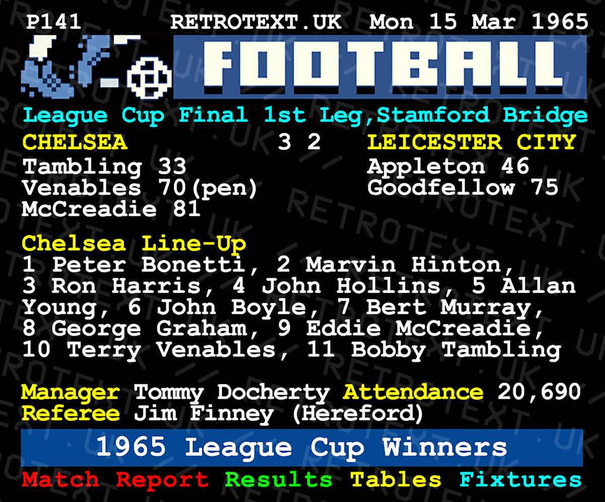 Retrotext Chelsea 1965 League Cup Winners ceramic mug featuring a nostalgic teletext sports page design.