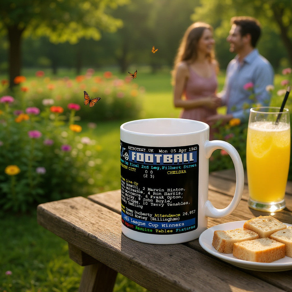 Retrotext Chelsea 1965 League Cup Winners ceramic mug with vintage teletext sports page design on a garden table.