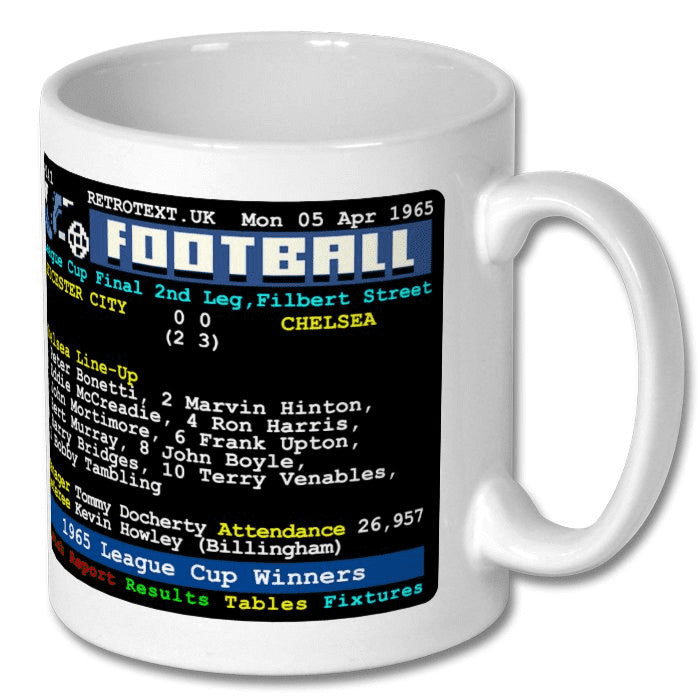 Retrotext Chelsea 1965 League Cup Winners ceramic mug featuring a vintage Teletext sports page design