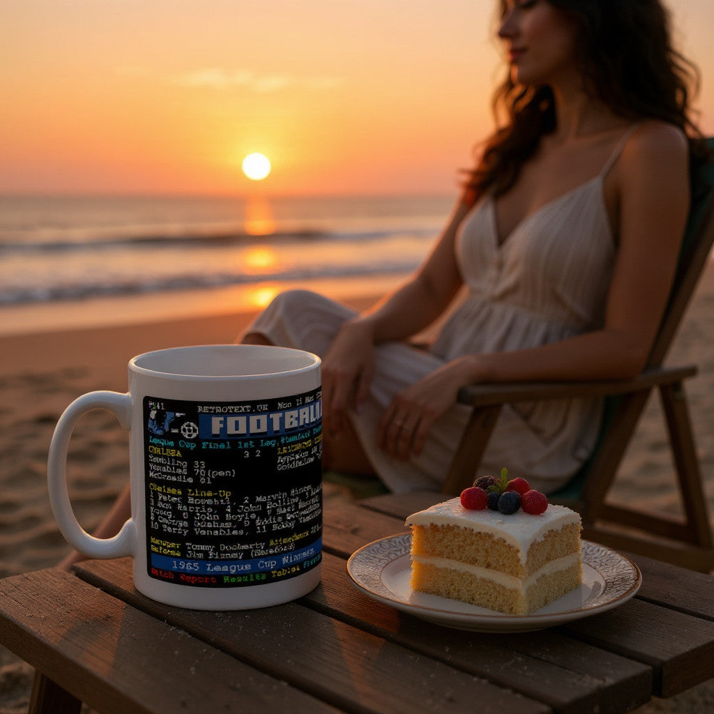 Retrotext Chelsea 1965 League Cup Winners ceramic mug with teletext design on a wooden table at sunset by the beach.