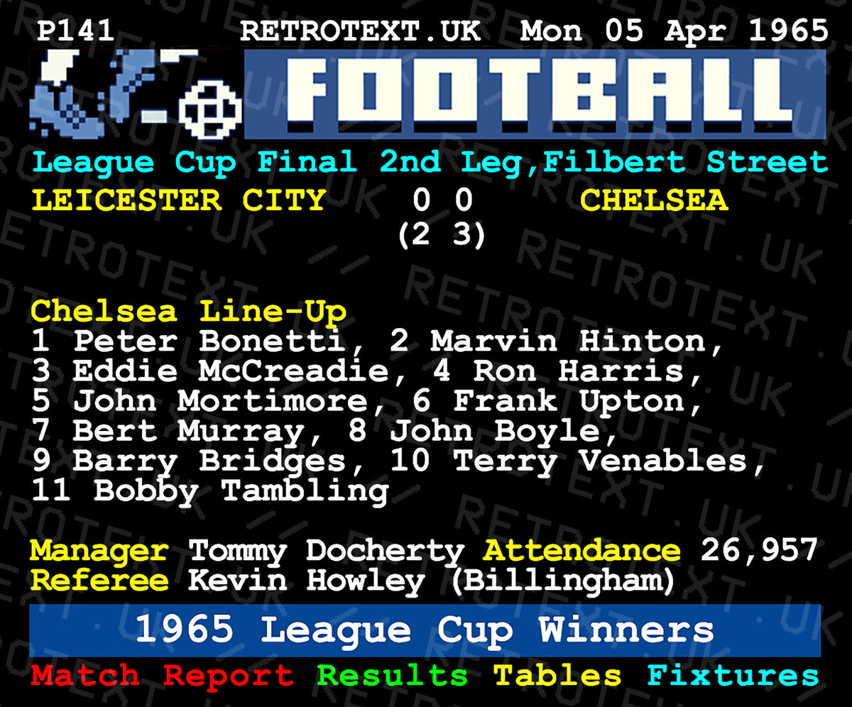 Retrotext Chelsea 1965 League Cup Winners ceramic mug featuring a vintage teletext match report design