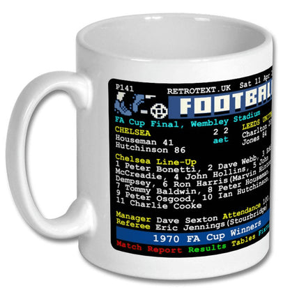 Retrotext Chelsea 1970 FA Cup Winners 11oz glossy white ceramic mug featuring a vintage teletext match report design.