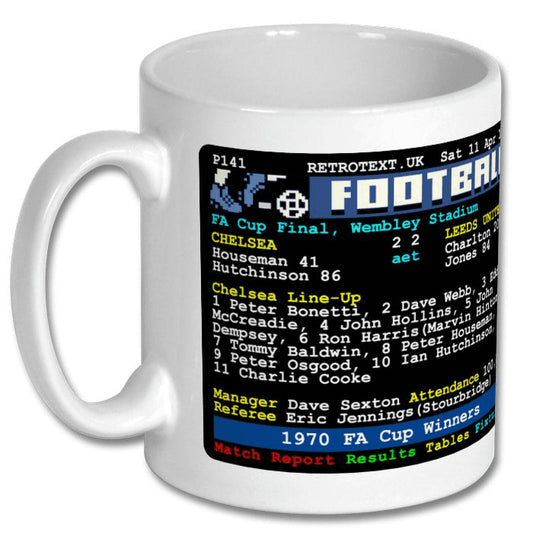 Retrotext Chelsea 1970 FA Cup Winners 11oz glossy white ceramic mug featuring a vintage teletext match report design.