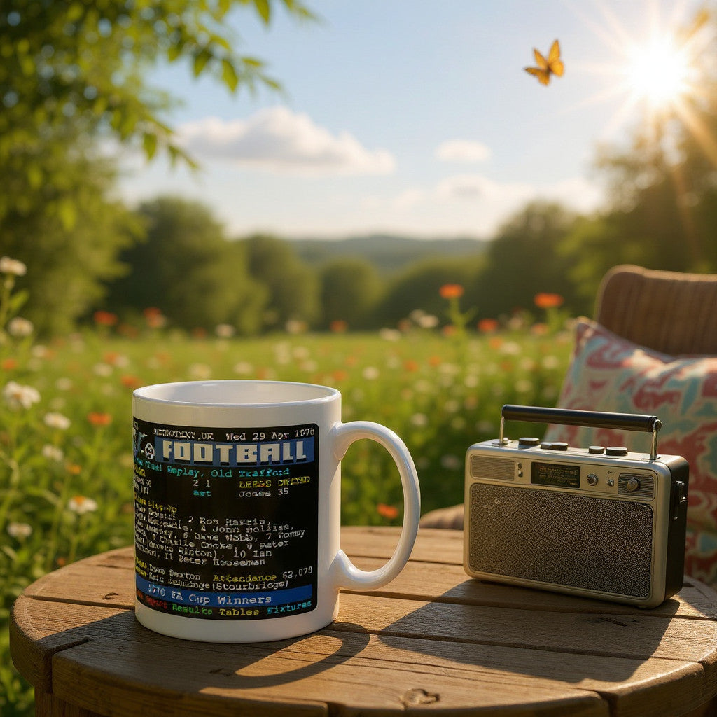 Retrotext Chelsea 1970 FA Cup Winners Teletext mug on a wooden table in a sunny garden with a vintage radio.
