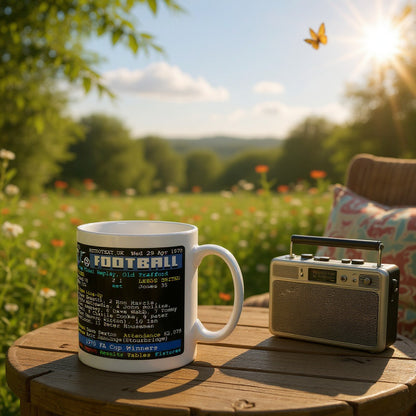 Retrotext Chelsea 1970 FA Cup Winners Teletext mug on a wooden table in a sunny garden with a vintage radio.