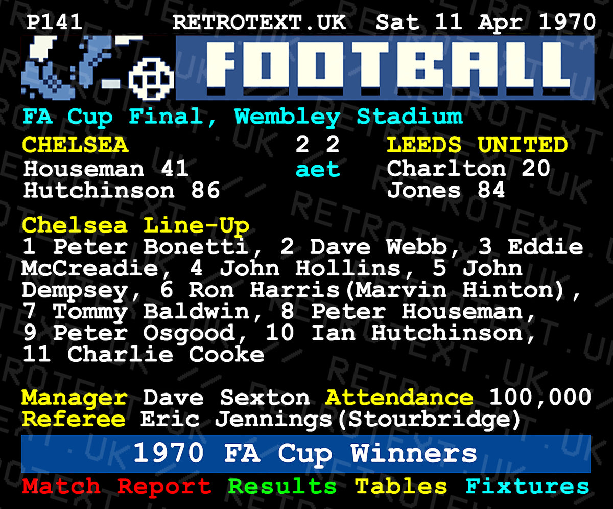 Retrotext Chelsea 1970 FA Cup Winners teletext style mug featuring match details and line-up on a glossy white finish