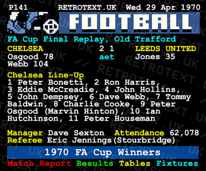 Retrotext Chelsea 1970 FA Cup Winners mug featuring a vintage teletext match report design on a glossy white finish.