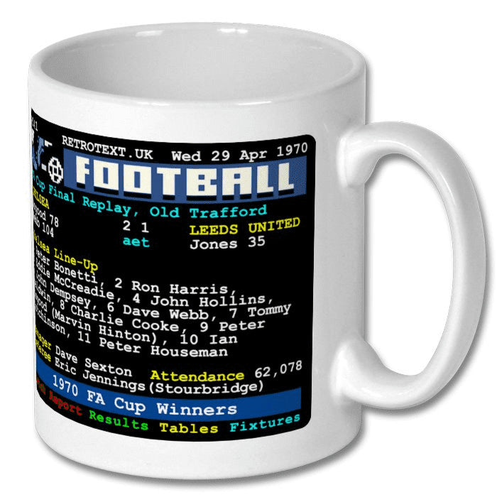 Retrotext Chelsea 1970 FA Cup Winners ceramic mug featuring a vintage teletext football score design