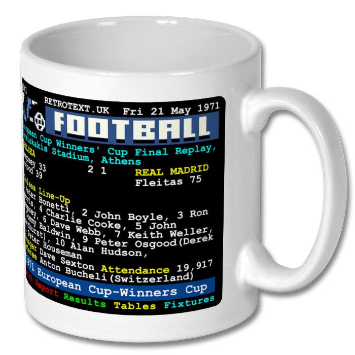 Retrotext Chelsea 1971 European Cup-Winners Cup final ceramic mug with retro teletext match statistics design