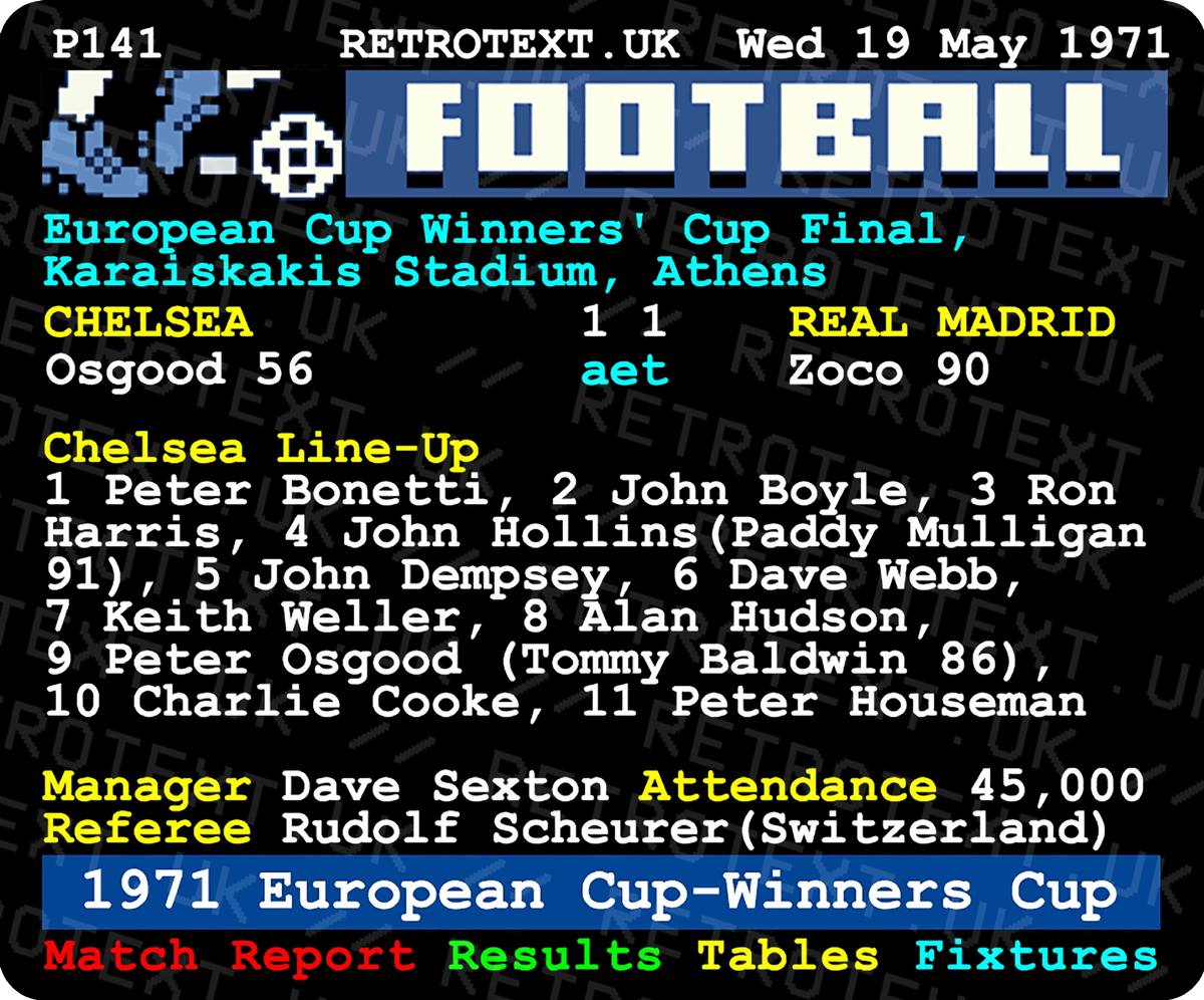 Retrotext Chelsea 1971 European Cup-Winners Cup Final ceramic mug with nostalgic teletext match statistics design