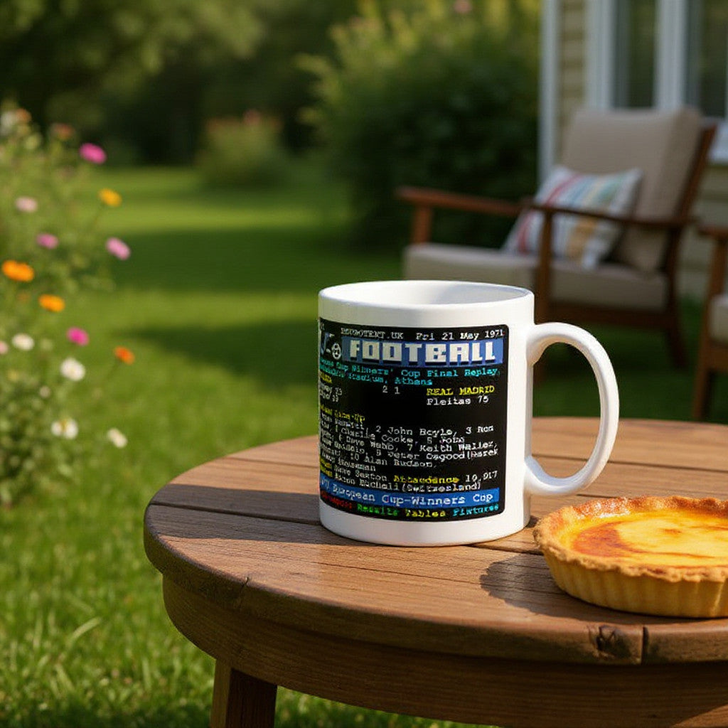 Retrotext Chelsea 1971 European Cup-Winners Cup Final ceramic mug with teletext design on a wooden garden table.