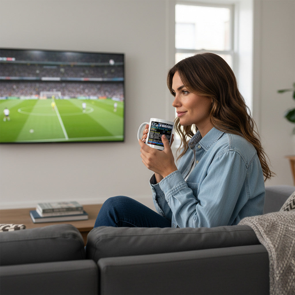 Woman holding a Retrotext Chelsea 1971 European Cup-Winners Cup Final teletext ceramic mug while watching football