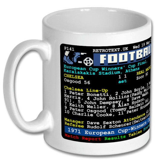Retrotext Chelsea 1971 European Cup-Winners Cup Final ceramic mug featuring a retro teletext match statistics design.