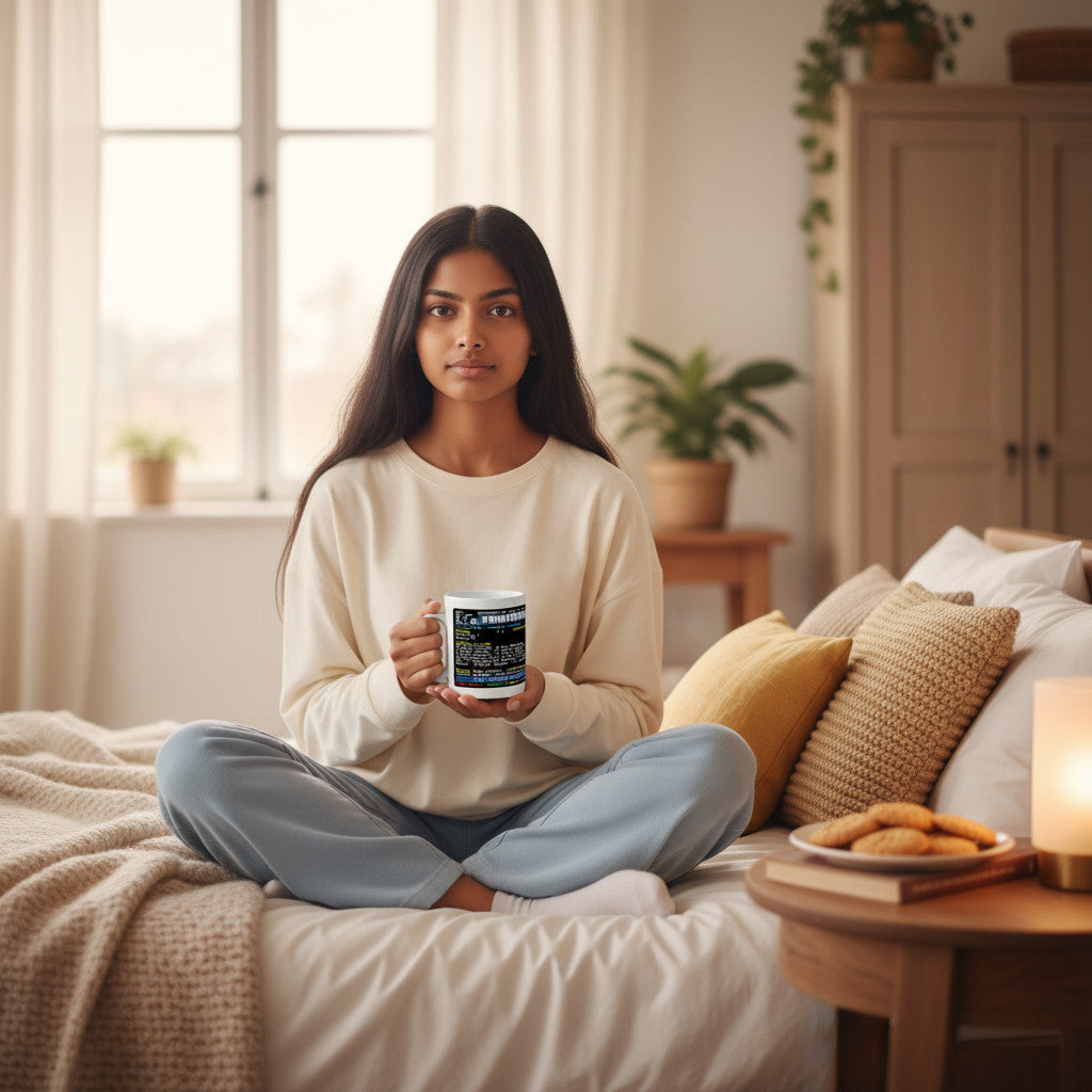 Retrotext Chelsea 1997 FA Cup Winners Teletext mug held by a woman sitting on a bed in a cozy bedroom setting