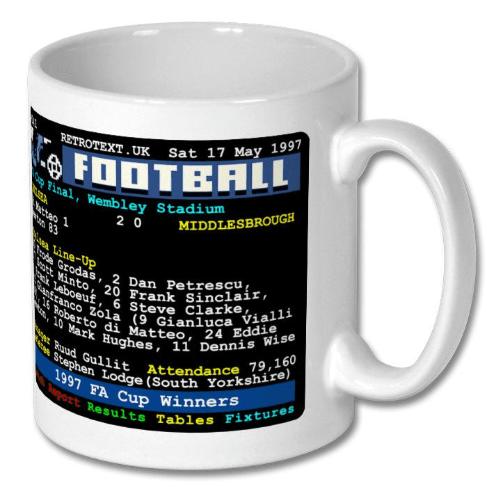 Retrotext Chelsea 1997 FA Cup Winners Teletext ceramic mug featuring match details and line-up in a glossy white finish