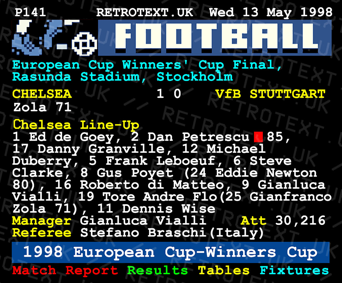 Retrotext Chelsea 1998 European Cup-Winners Cup Final teletext ceramic mug with match details and Zola goal score