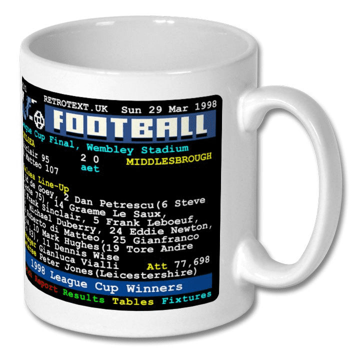 Retrotext Chelsea 1998 League Cup Winners ceramic mug featuring a vintage P141 Teletext football match report design.