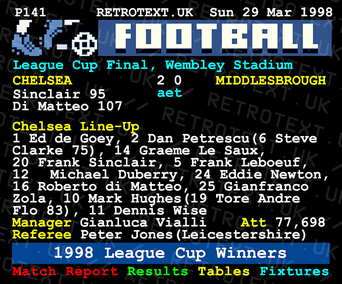 Retrotext Chelsea 1998 League Cup Winners ceramic mug featuring a nostalgic P141 Teletext match report design.