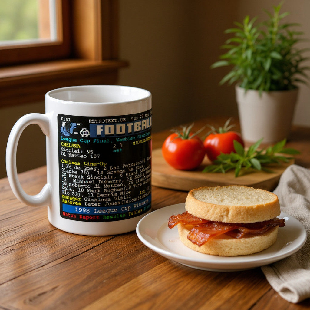 Retrotext Chelsea 1998 League Cup Winners Teletext ceramic mug featuring match details on a wooden kitchen table