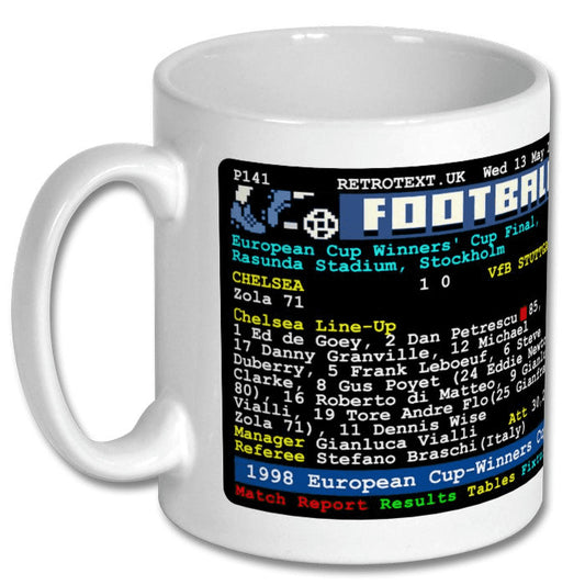 Retrotext white ceramic mug featuring a 1998 Chelsea European Cup-Winners Cup Final teletext match report design