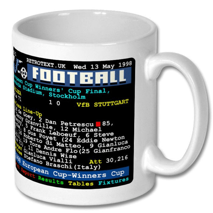Retrotext Chelsea 1998 European Cup-Winners Cup Final ceramic mug featuring a vintage teletext match score design.