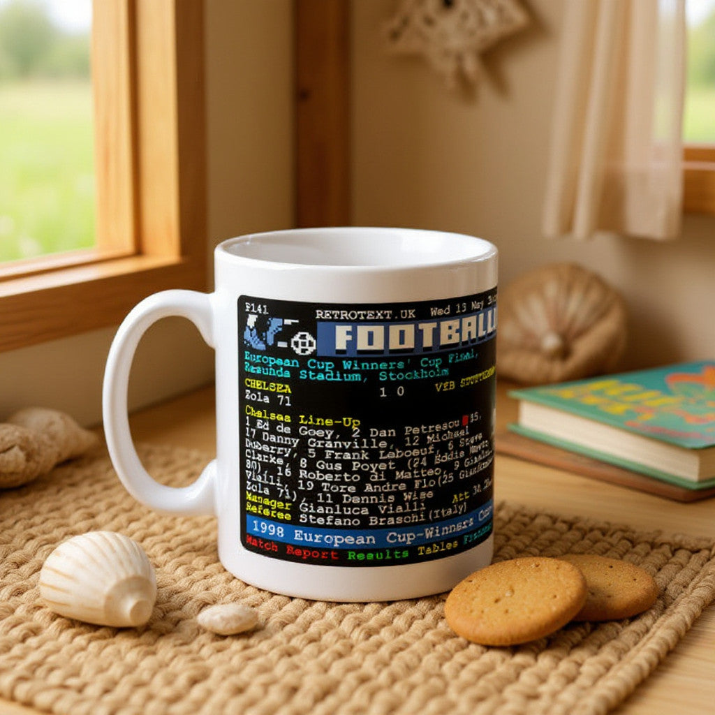 Retrotext Chelsea 1998 European Cup-Winners Cup Final teletext ceramic mug on a woven mat with cookies