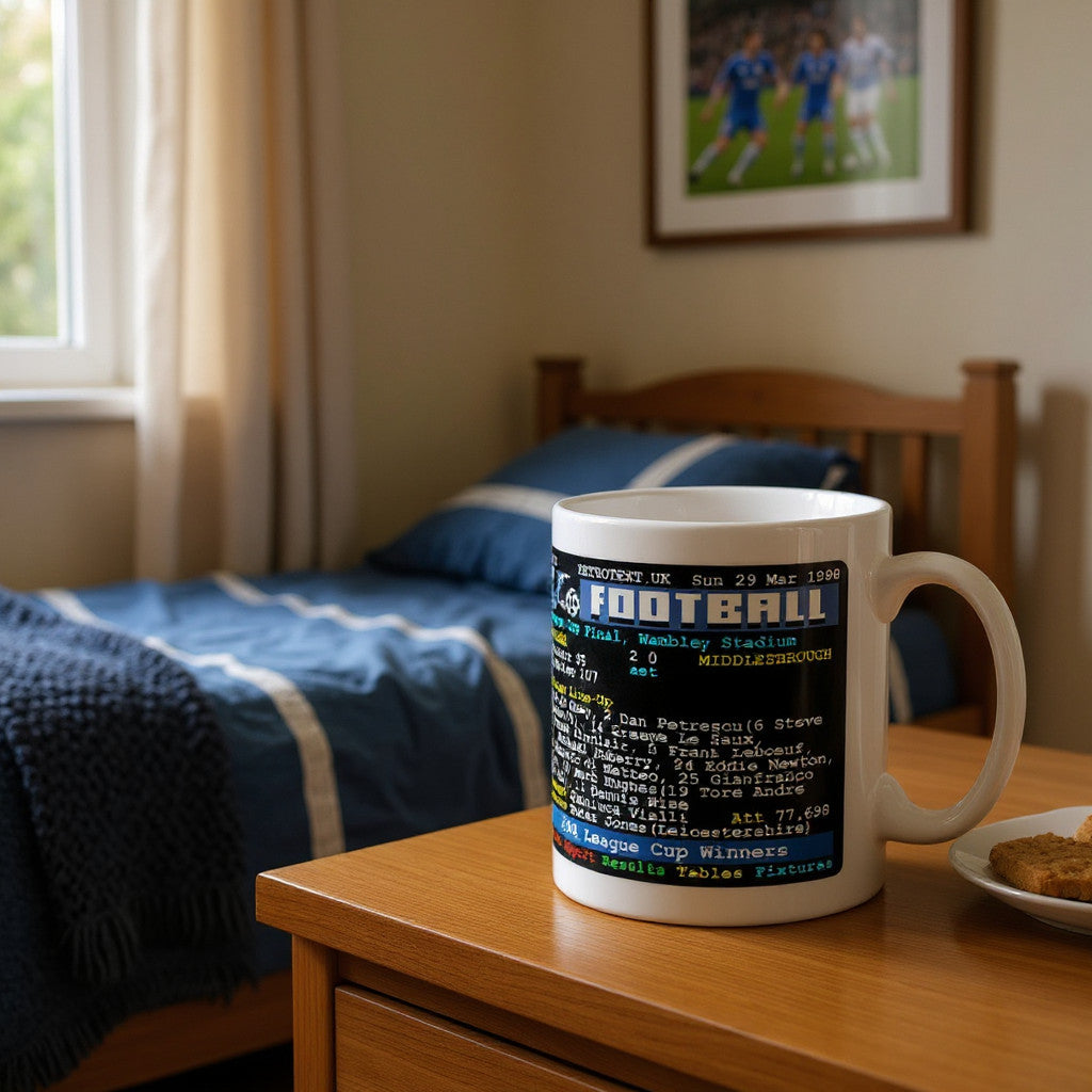 Retrotext Chelsea 1998 League Cup winners ceramic mug featuring a vintage teletext football match report design.
