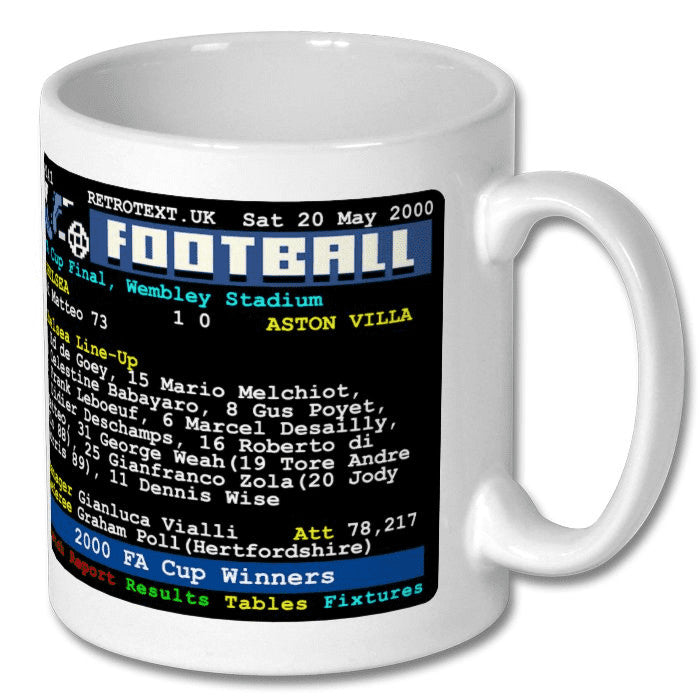 Retrotext Chelsea 2000 FA Cup Winners white ceramic mug featuring a vintage teletext football match report design.