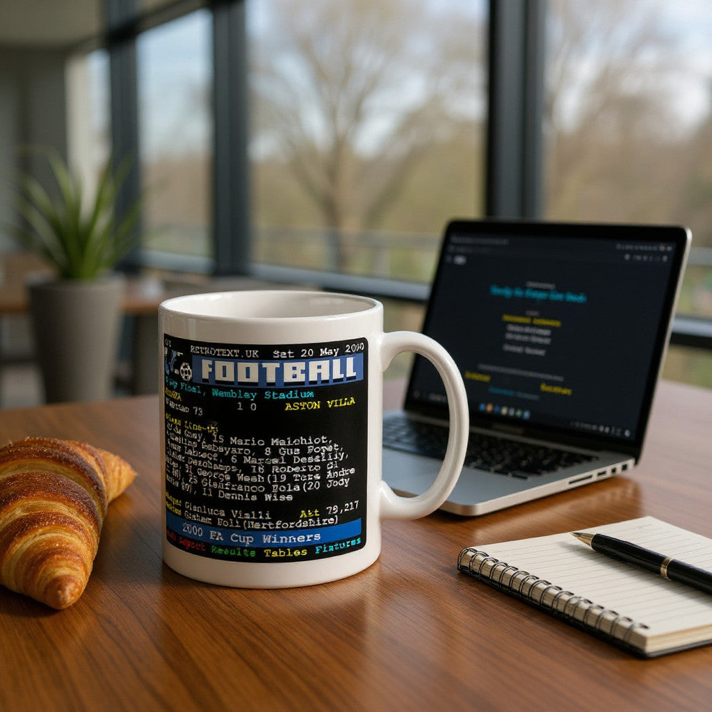 Retrotext Chelsea 2000 FA Cup Winners mug with teletext design on a wooden desk next to a laptop and croissant.