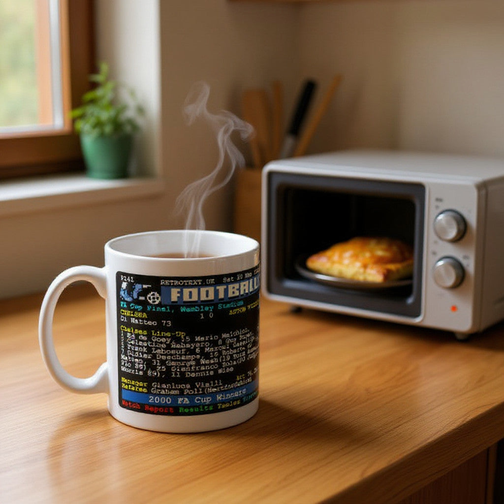 Retrotext Chelsea 2000 FA Cup Winners mug featuring a vintage teletext football score design on a glossy white surface
