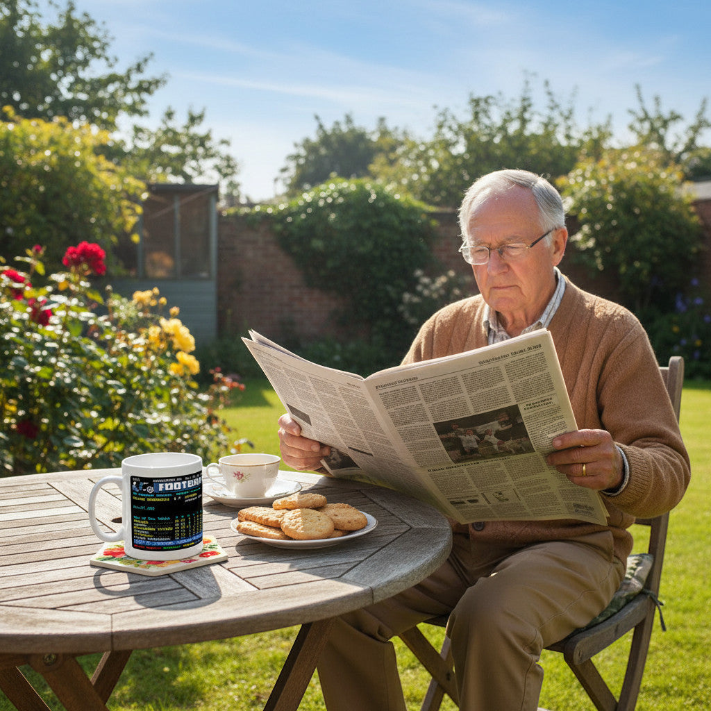 Retrotext Chelsea 2005 Premier League Champions ceramic mug with Jose Mourinho teletext design on a garden table