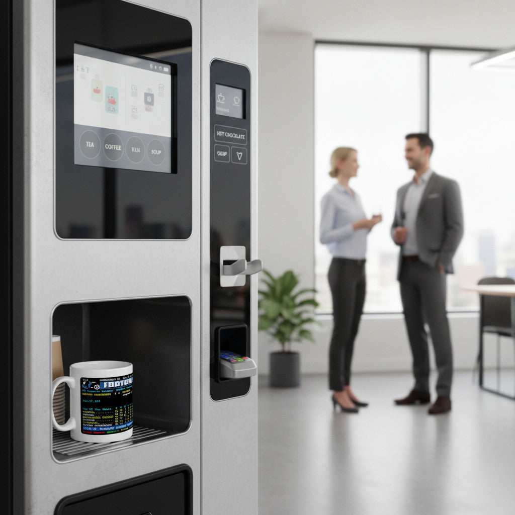 Retrotext Chelsea 2005 Premier League Champions Frank Lampard Teletext mug inside a modern office vending machine
