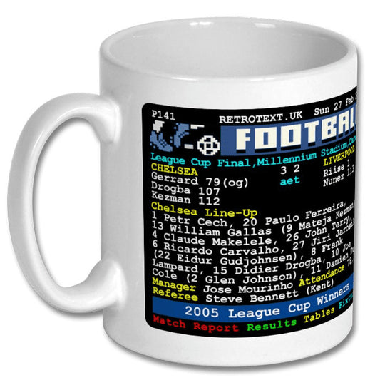 Retrotext 11oz glossy white ceramic mug featuring a 2005 Chelsea League Cup final teletext match report design