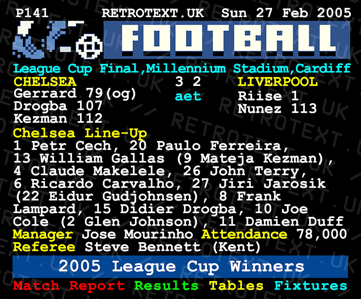 Retrotext Chelsea 2005 League Cup Winners teletext mug featuring match stats and line-up on a glossy white ceramic