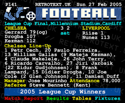 Retrotext Chelsea 2005 League Cup Winners teletext mug featuring match stats and line-up on a glossy white ceramic