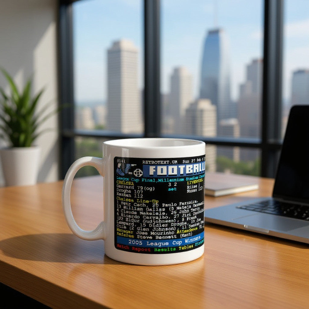 Retrotext Chelsea 2005 League Cup winners mug featuring a vintage teletext football score design on glossy white ceramic