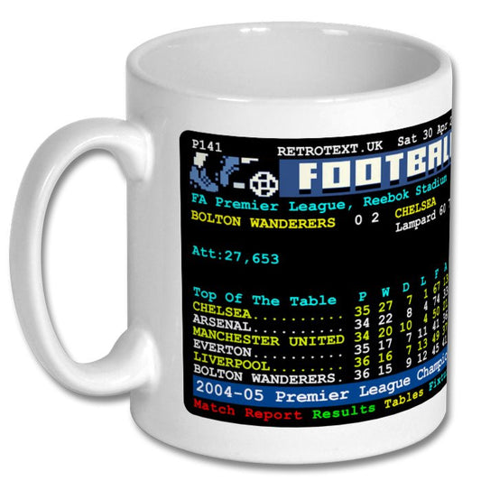 Retrotext Chelsea 2005 Premier League Champions Frank Lampard teletext design on a glossy white 11oz ceramic mug