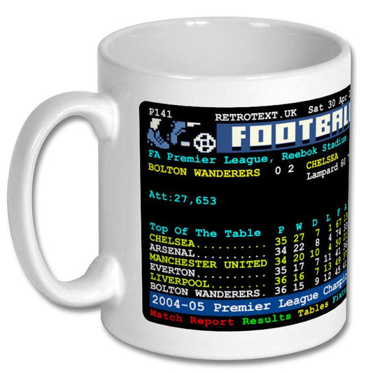 Retrotext Chelsea 2005 Premier League Champions ceramic mug featuring a nostalgic teletext match report graphic