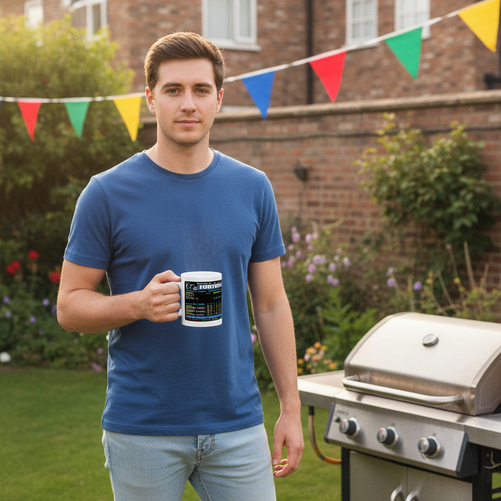 A man holding a Retrotext Chelsea 2006 Premier League Champions ceramic mug with teletext graphic in a garden.