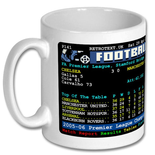 Retrotext Chelsea 2006 Premier League Champions ceramic mug featuring a nostalgic teletext match result graphic.