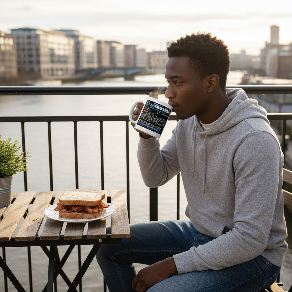 A man in a grey hoodie drinking from a Retrotext Chelsea 2007 FA Cup teletext mug on a balcony at sunrise.