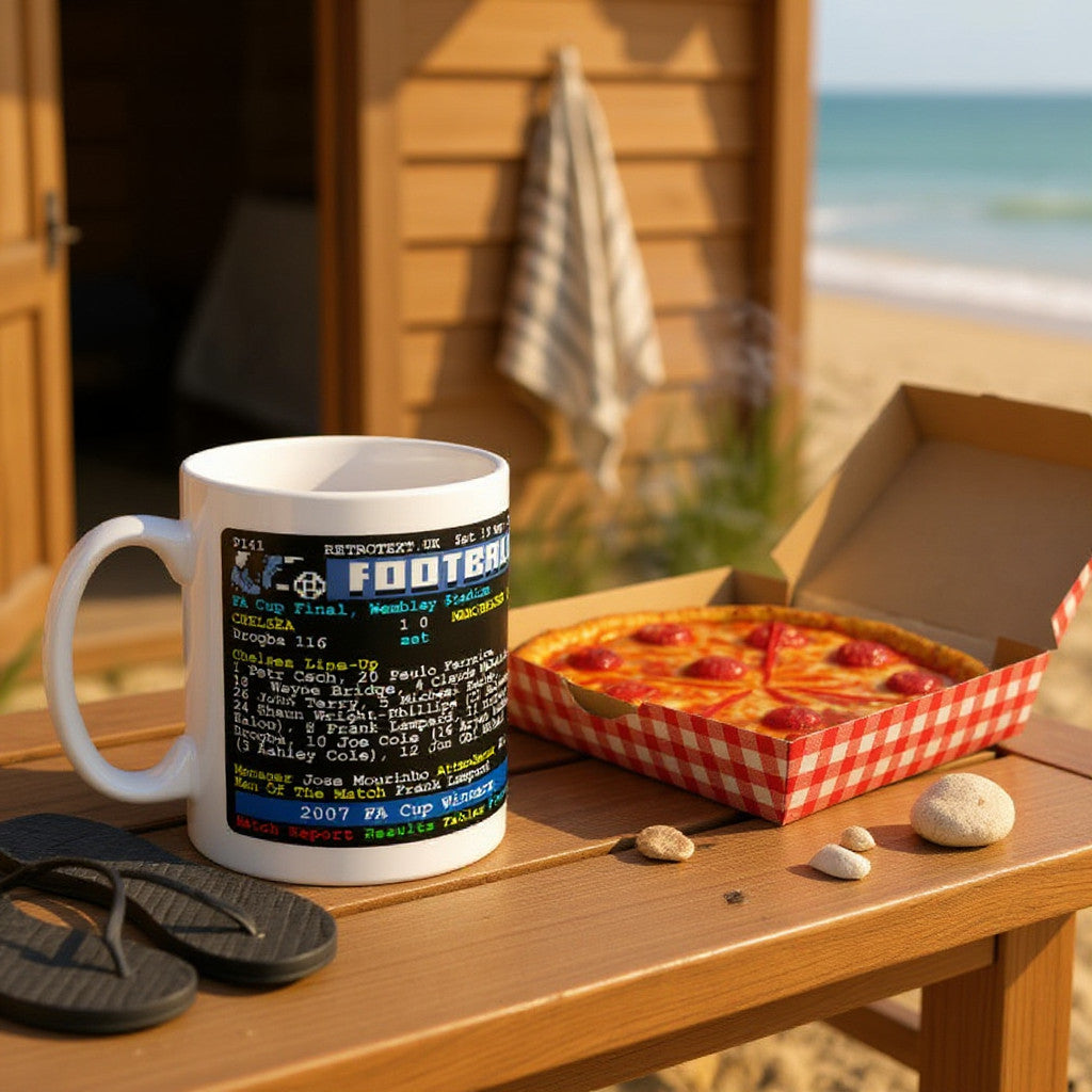 Retrotext Chelsea 2007 FA Cup Winners ceramic mug featuring teletext match details on a wooden table by the beach.