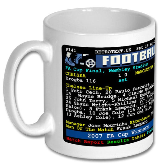 Retrotext Chelsea 2007 FA Cup Winners ceramic mug featuring a nostalgic teletext graphic of the match details.