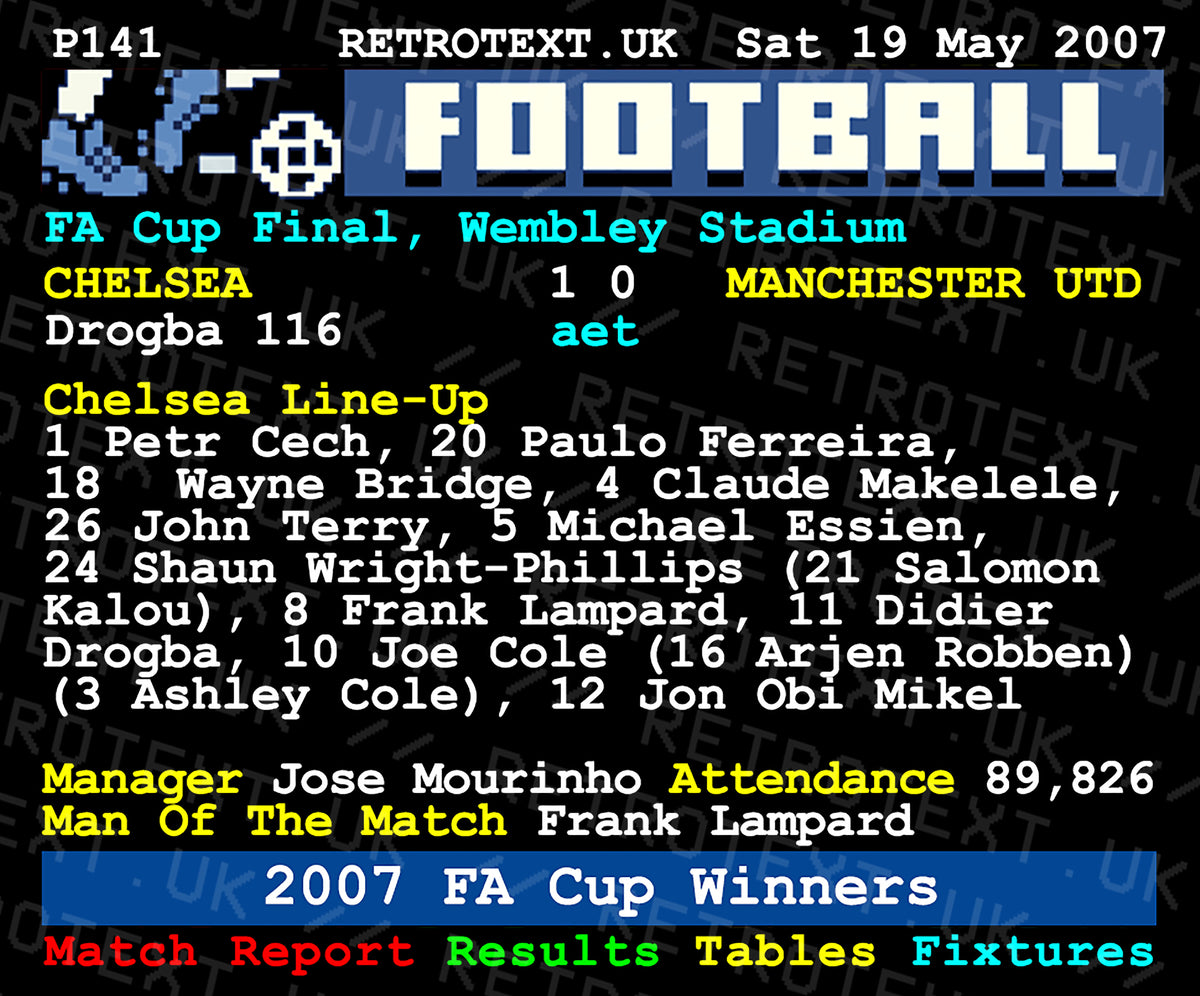 Retrotext Chelsea 2007 FA Cup Winners teletext mug featuring match details and Frank Lampard tribute