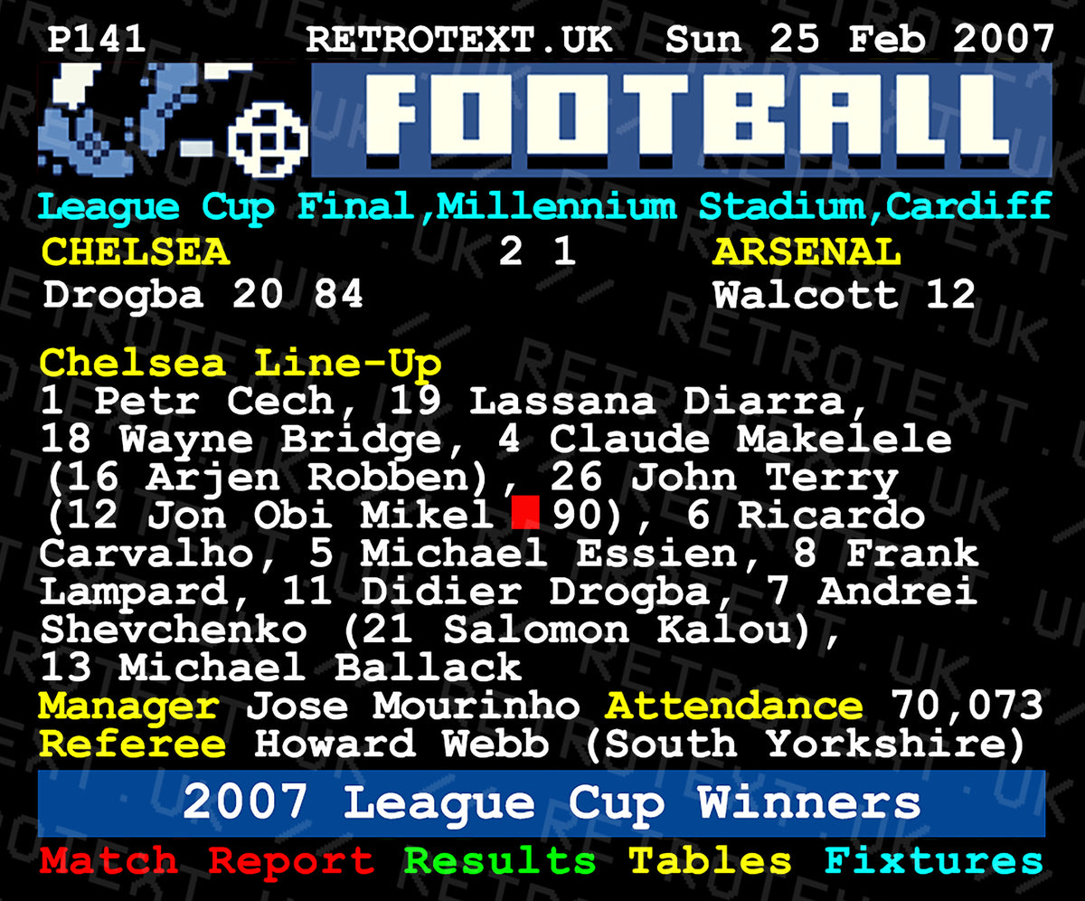 Retrotext Chelsea 2007 League Cup Winners mug featuring a white glossy finish and a vintage teletext match report