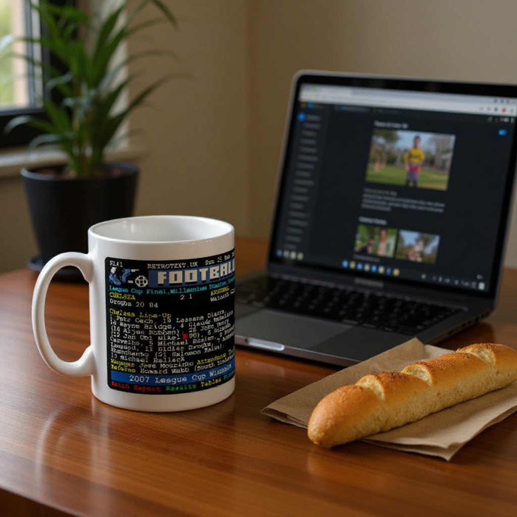 Retrotext Chelsea 2007 League Cup Winners mug featuring a vintage teletext football score design on a desk.