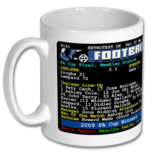 Retrotext Chelsea 2009 FA Cup Winners mug featuring a nostalgic teletext match report design on white ceramic