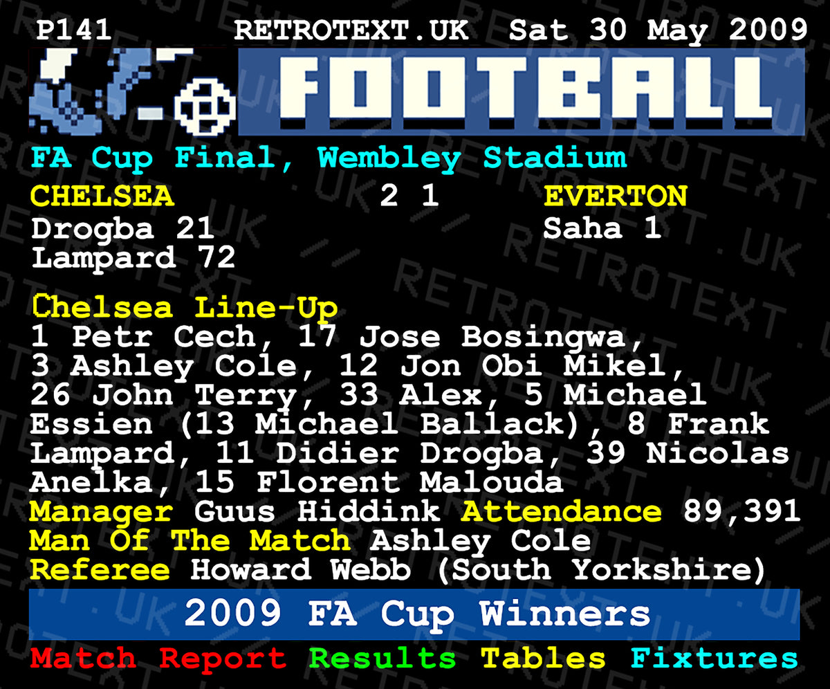 Retrotext Chelsea 2009 FA Cup Winners mug featuring a nostalgic teletext match report design with blue and yellow text.