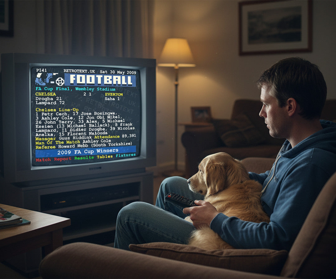 Retrotext Chelsea 2009 FA Cup Winners mug featuring a teletext match report design held by a man with his dog