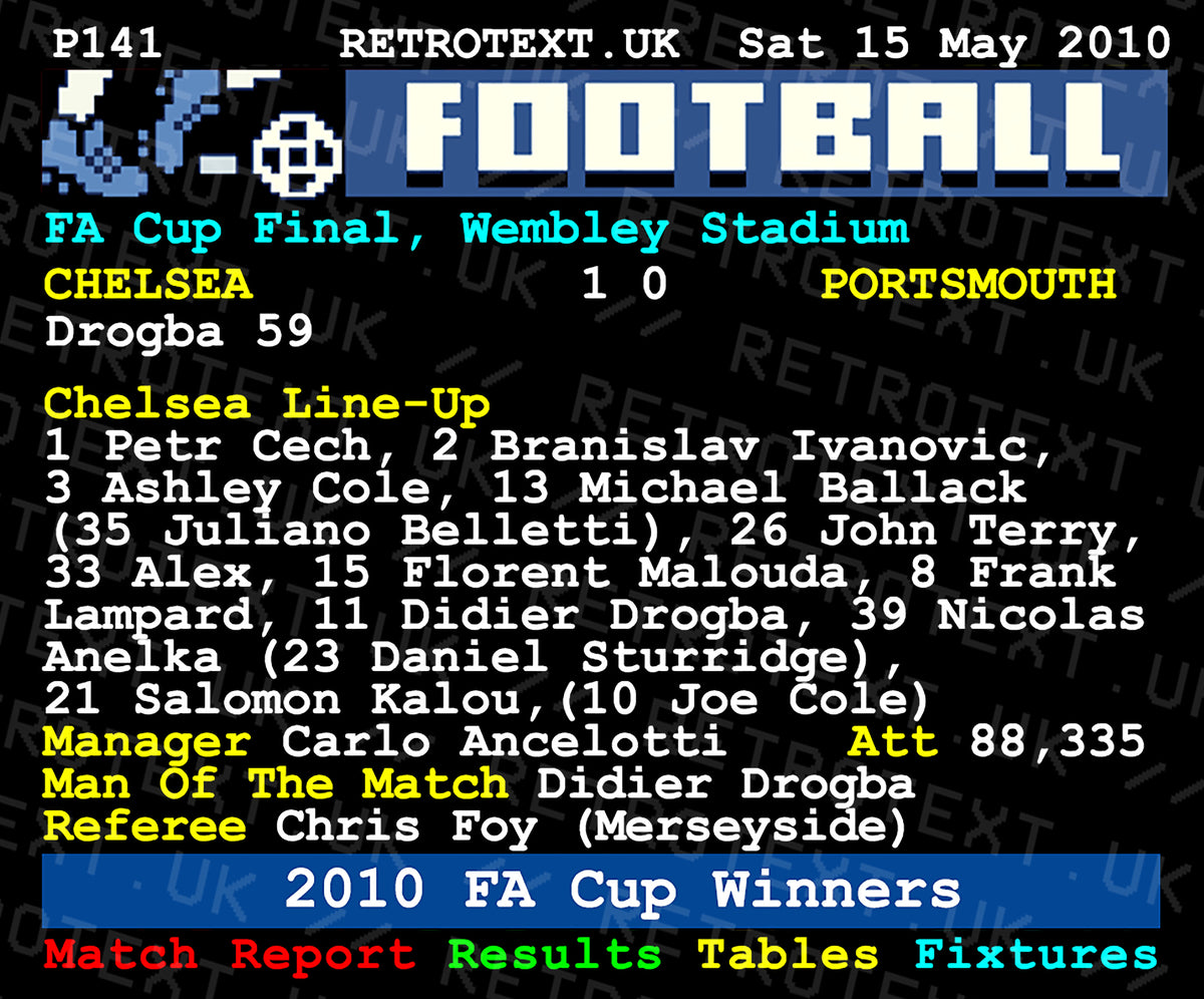 Retrotext Chelsea 2010 FA Cup Winners ceramic mug featuring a retro teletext graphic of the match score and line-up.